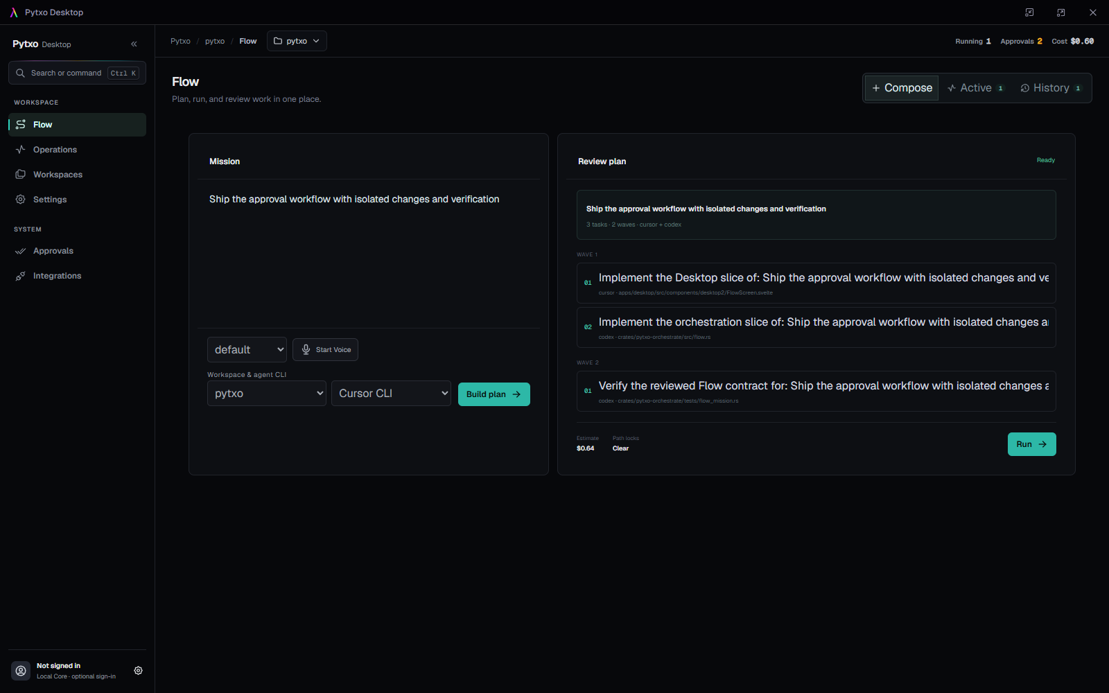 Pytxo Flow showing an editable mission and a reviewable three-task execution plan