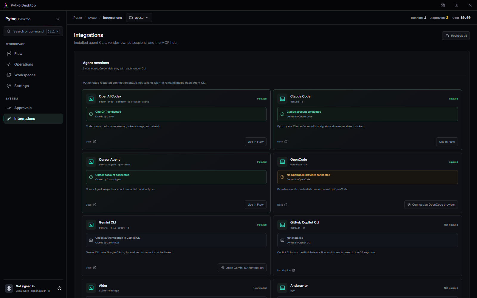 Pytxo Desktop Integrations showing installed coding agents, vendor-owned sessions, and readiness actions